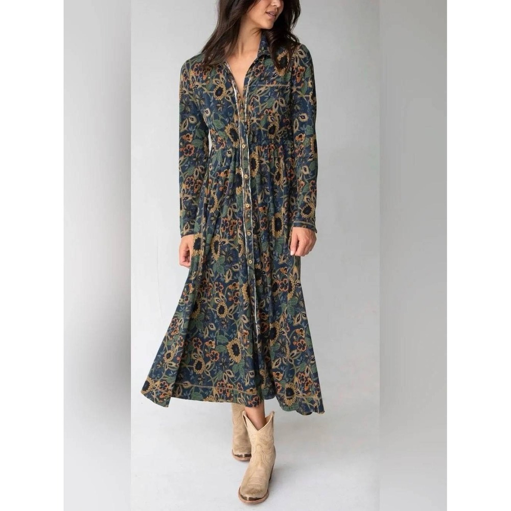 Natural Life Christa Floral Sunflower Cotton Jersey Button Down Maxi Dress XL